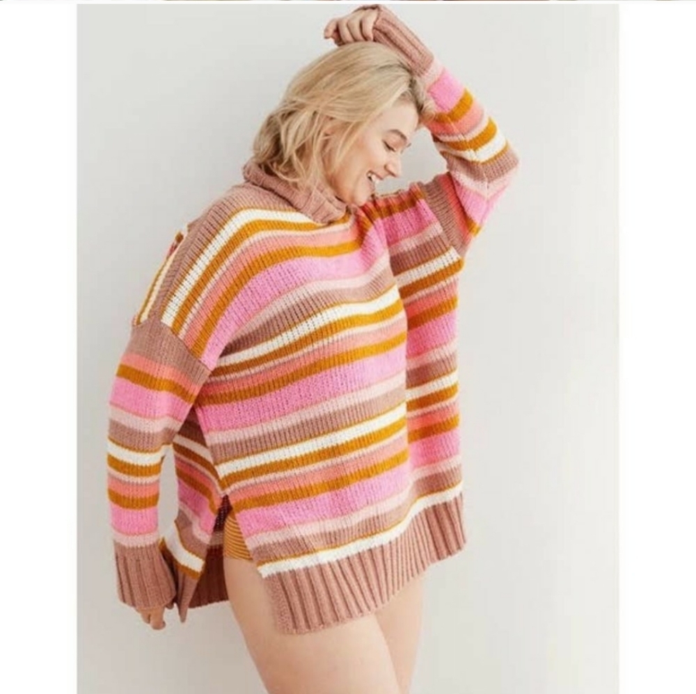 Aerie Chenille Sunset Striped Oversized Turtleneck Sweater Size Small